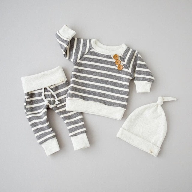 3PCS Baby Clothing Sets 0-18M Newborn Baby Boys Girls Top T shirt+Pants+Hat Striped Outfits Set Cotton Clothes