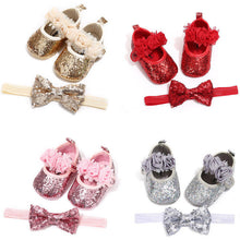 Cargar imagen en el visor de la galería, Bowknot Sequins Baby Girls Shoes Infant Newborn Princess Shoes First Walkers + Hairband Baby Girl Birthday Party Shoes
