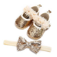 Cargar imagen en el visor de la galería, Bowknot Sequins Baby Girls Shoes Infant Newborn Princess Shoes First Walkers + Hairband Baby Girl Birthday Party Shoes
