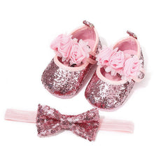 Cargar imagen en el visor de la galería, Bowknot Sequins Baby Girls Shoes Infant Newborn Princess Shoes First Walkers + Hairband Baby Girl Birthday Party Shoes
