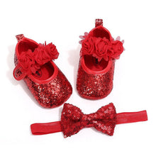 Cargar imagen en el visor de la galería, Bowknot Sequins Baby Girls Shoes Infant Newborn Princess Shoes First Walkers + Hairband Baby Girl Birthday Party Shoes
