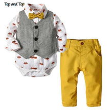 Carregar imagem no visualizador da galeria, Top and Top Autumn Fashion infant clothing Baby Suit Baby Boys Clothes Gentleman Bow Tie Rompers + Vest + pants Baby Set
