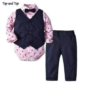 Top and Top Autumn Fashion infant clothing Baby Suit Baby Boys Clothes Gentleman Bow Tie Rompers + Vest + pants Baby Set