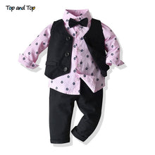 Carregar imagem no visualizador da galeria, Top and Top Autumn Fashion infant clothing Baby Suit Baby Boys Clothes Gentleman Bow Tie Rompers + Vest + pants Baby Set
