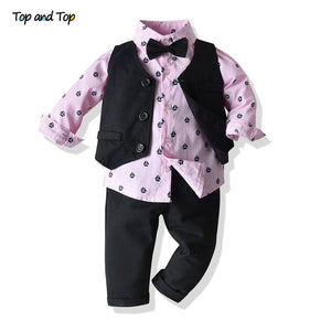 Top and Top Autumn Fashion infant clothing Baby Suit Baby Boys Clothes Gentleman Bow Tie Rompers + Vest + pants Baby Set