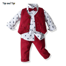 Carregar imagem no visualizador da galeria, Top and Top Autumn Fashion infant clothing Baby Suit Baby Boys Clothes Gentleman Bow Tie Rompers + Vest + pants Baby Set
