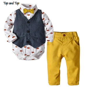 Top and Top Autumn Fashion infant clothing Baby Suit Baby Boys Clothes Gentleman Bow Tie Rompers + Vest + pants Baby Set