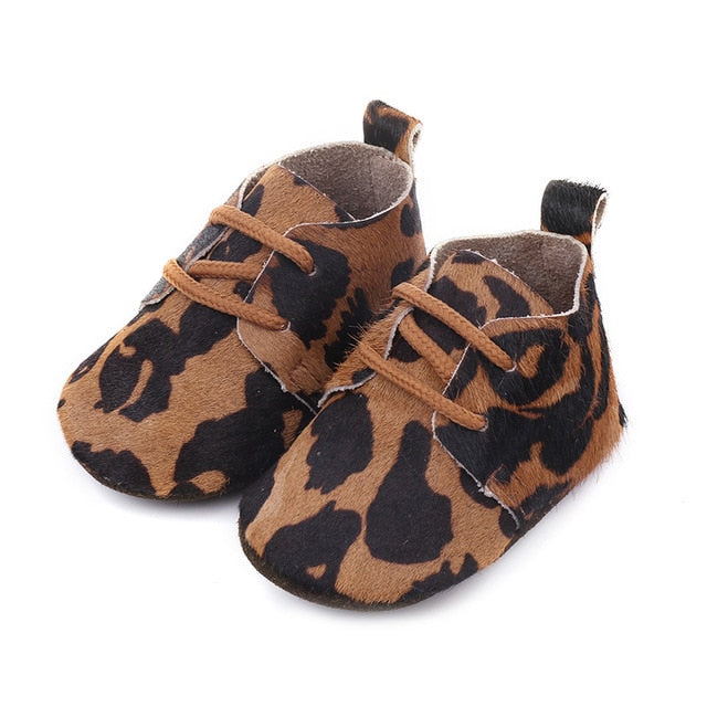 Genuine Leather Baby shoes Leopard print Baby Girls Soft shoes Horse hair Boys First walkers Lace Baby moccasins