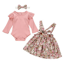 Cargar imagen en el visor de la galería, Autumn Infant Baby Girls Clothes Sets 3Pcs Pink Romper Long Sleeve Tops Flower Dress Headband Newborn Clothing 0 3-24 Months Set
