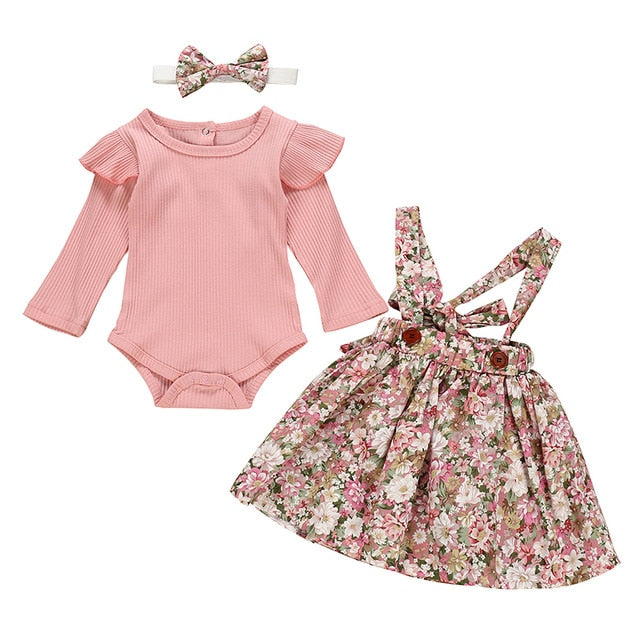 Autumn Infant Baby Girls Clothes Sets 3Pcs Pink Romper Long Sleeve Tops Flower Dress Headband Newborn Clothing 0 3-24 Months Set