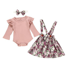 Cargar imagen en el visor de la galería, Autumn Infant Baby Girls Clothes Sets 3Pcs Pink Romper Long Sleeve Tops Flower Dress Headband Newborn Clothing 0 3-24 Months Set
