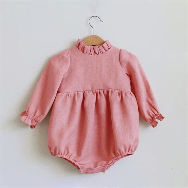 Baby Girl Rompers Solid Color Long Sleeve Baby Clothing Jumpsuits 0-24M 100% Cotton Linen Newborn Baby Girl Clothes