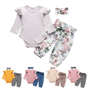 Newborn Infant Baby Girls Clothes Flower Pattern Long Sleeve Bodysuit Pants Headband Toddler 3Pcs Outfits Clothing Set