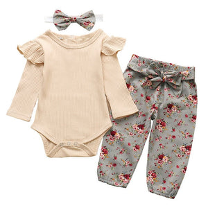 Newborn Infant Baby Girls Clothes Flower Pattern Long Sleeve Bodysuit Pants Headband Toddler 3Pcs Outfits Clothing Set