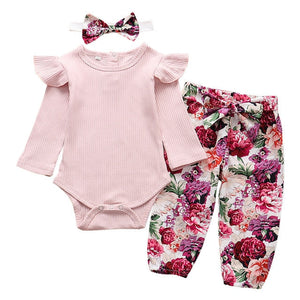 Newborn Infant Baby Girls Clothes Flower Pattern Long Sleeve Bodysuit Pants Headband Toddler 3Pcs Outfits Clothing Set