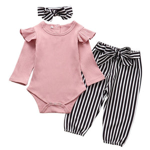 Newborn Infant Baby Girls Clothes Flower Pattern Long Sleeve Bodysuit Pants Headband Toddler 3Pcs Outfits Clothing Set