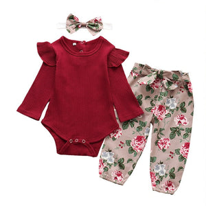 Newborn Infant Baby Girls Clothes Flower Pattern Long Sleeve Bodysuit Pants Headband Toddler 3Pcs Outfits Clothing Set