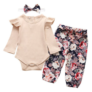 Newborn Infant Baby Girls Clothes Flower Pattern Long Sleeve Bodysuit Pants Headband Toddler 3Pcs Outfits Clothing Set