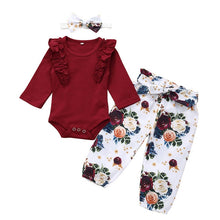 Carregar imagem no visualizador da galeria, Newborn Infant Baby Girls Clothes Flower Pattern Long Sleeve Bodysuit Pants Headband Toddler 3Pcs Outfits Clothing Set
