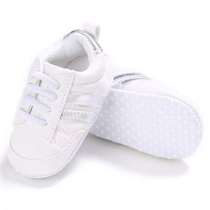 2020 Baby Shoes Newborn Boys Girls Two Striped First Walkers Kids Toddlers Lace Up PU Leather Soft Soles Sneakers 0-18 Months