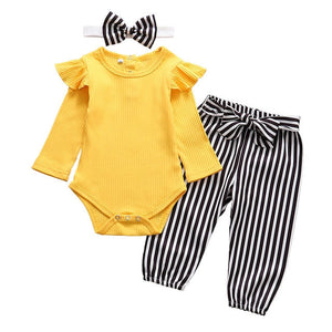 Newborn Infant Baby Girls Clothes Flower Pattern Long Sleeve Bodysuit Pants Headband Toddler 3Pcs Outfits Clothing Set