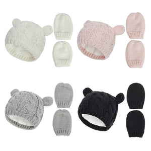 New Baby Kids Girls Boys Winter Warm Knit Hat Ear Solid Warm Cute Glove 2pcs Lovely Beanie Cap 0-18M