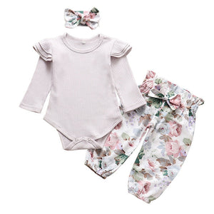 Autumn Infant Baby Girls Clothes Sets 3Pcs Pink Romper Long Sleeve Tops Flower Dress Headband Newborn Clothing 0 3-24 Months Set