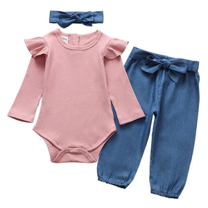 Autumn Infant Baby Girls Clothes Sets 3Pcs Pink Romper Long Sleeve Tops Flower Dress Headband Newborn Clothing 0 3-24 Months Set