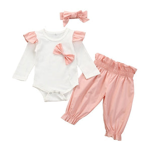 Autumn Infant Baby Girls Clothes Sets 3Pcs Pink Romper Long Sleeve Tops Flower Dress Headband Newborn Clothing 0 3-24 Months Set