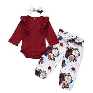 Autumn Infant Baby Girls Clothes Sets 3Pcs Pink Romper Long Sleeve Tops Flower Dress Headband Newborn Clothing 0 3-24 Months Set