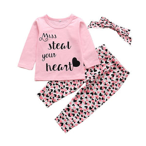 Newborn Baby Girl Clothes Set Fashion Leopard Pants Pink Letter Print Tops Headband 3Pcs Autumn Toddler Infant Clothing Outfits