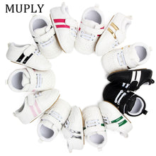 Cargar imagen en el visor de la galería, Baby Shoes Pu Leather Shoes Sports Sneakers Newborn Baby Boys Girls Stripe Pattern Shoes Infant Toddler Soft Anti-slip Shoes
