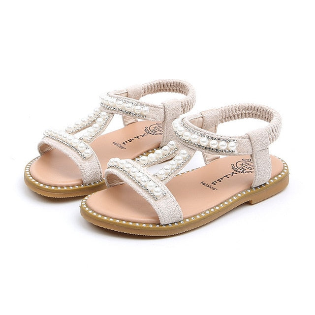 Summer Baby Girls Sandals Toddler Infant Kids Slip On Pearl Crystal Single Princess Roman Shoes For Children Girl