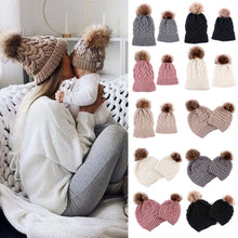 Cargar imagen en el visor de la galería, Infant Baby Boy Girl &amp; Mom Winter Knit Warm Soft Beanie Hat Hairball Cap for Adult Children Family Matching Caps Hats
