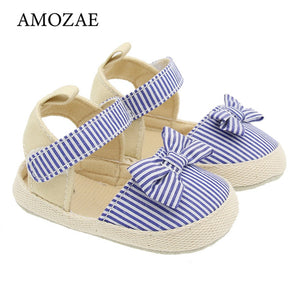 2020 Children Summer Shoes Newborn Infant Baby Girl Soft Crib Shoes Infants Anti-slip Sneaker Striped Bow Prewalker 0-18M