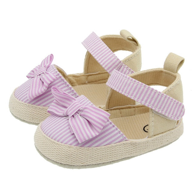 2020 Children Summer Shoes Newborn Infant Baby Girl Soft Crib Shoes Infants Anti-slip Sneaker Striped Bow Prewalker 0-18M