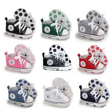 Carregar imagem no visualizador da galeria, Newborn Boy Girl Shoes First Walkers Infant Baby Shoes White Soft Anti-Slip Sole Unisex Toddler Casual Canvas Crib Shoes
