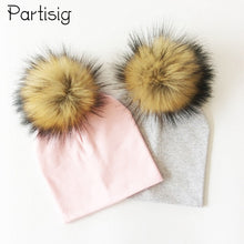 Cargar imagen en el visor de la galería, Autumn Winter Boy Girl Faux Raccoon Fur Cotton Kids Caps Baby Beanie Hats With Pompon Children&#39;s Accessories
