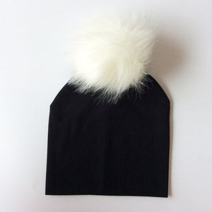 Autumn Winter Boy Girl Faux Raccoon Fur Cotton Kids Caps Baby Beanie Hats With Pompon Children's Accessories