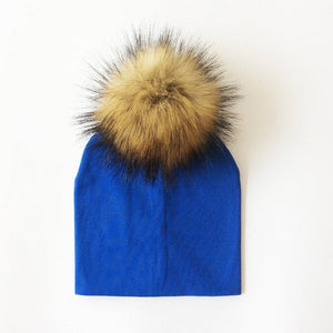 Autumn Winter Boy Girl Faux Raccoon Fur Cotton Kids Caps Baby Beanie Hats With Pompon Children's Accessories