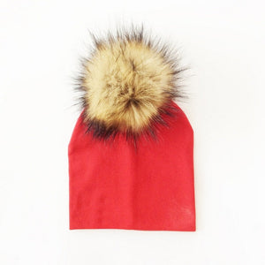 Autumn Winter Boy Girl Faux Raccoon Fur Cotton Kids Caps Baby Beanie Hats With Pompon Children's Accessories