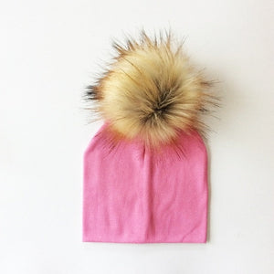 Autumn Winter Boy Girl Faux Raccoon Fur Cotton Kids Caps Baby Beanie Hats With Pompon Children's Accessories