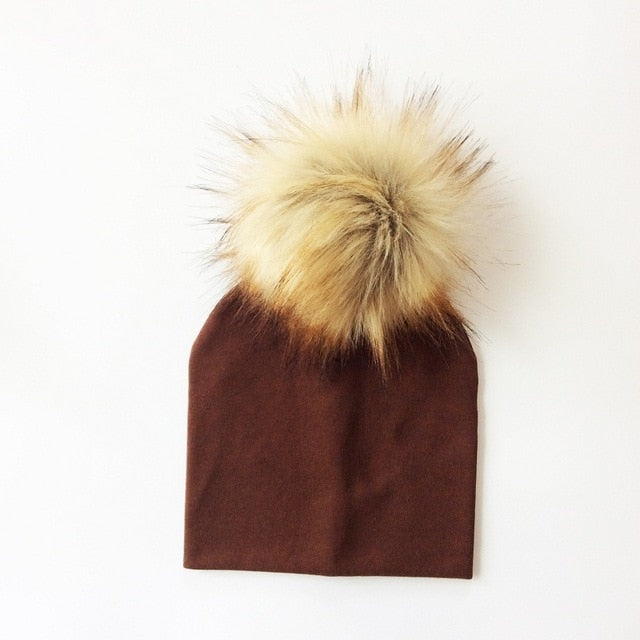 Autumn Winter Boy Girl Faux Raccoon Fur Cotton Kids Caps Baby Beanie Hats With Pompon Children's Accessories