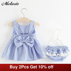 Melario Baby Clothing Sets 2020 Summer Sleeveless Dress Girls Three Piece Sets Short Pants+Dress Set Stripe Patten For Baby 6-24